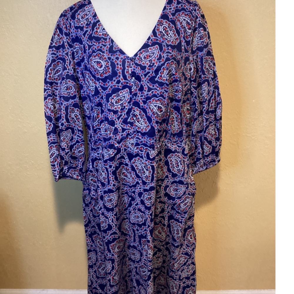 Talbots Puff Sleeve Fit & Flare Navy Dress, red and white Paisley Print, size 16